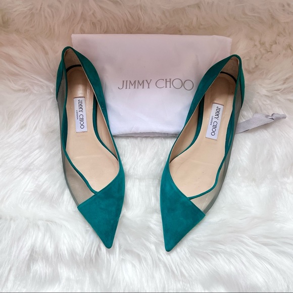 JIMMY CHOO Suede Mesh Point Toe Ballerina Flats in Emerald - Picture 1 of 7